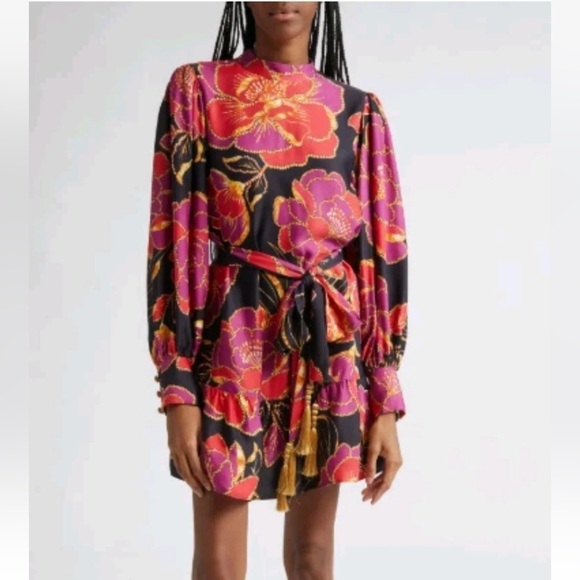 FARM RIO Shiny Chita Floral Print Long Sleeve Minidress Size Small - Picture 1 of 10